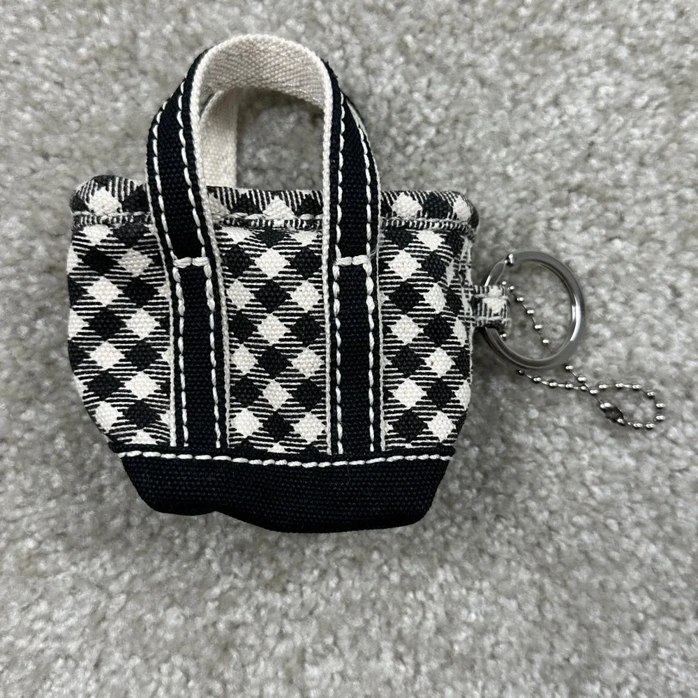 Lands' End Mini Tote Bag Keychain Black Natural Gingham Canvas Zipper Bag Charm